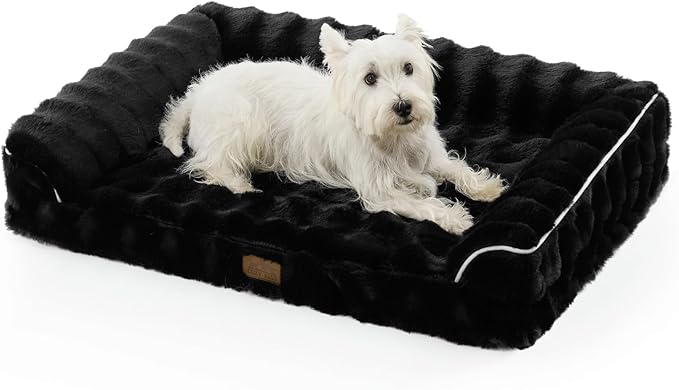 Faux Fur Orthopedic Dog Bed, Dog Bed for Large Size, Supportive Foam Pet Sofa with Waterproof Lining Cover, Washable U-Shaped Pet Couch with Anti-Slip Bottom, Black L 36x27x6.5 inch