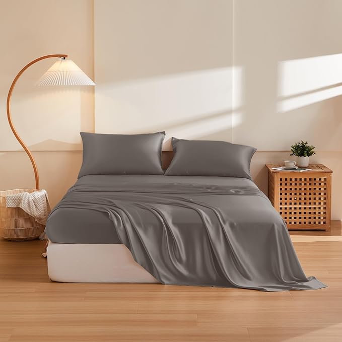 THXSILK Silk Sheet Set 4Pcs, 6A+ Top Grade 100% Pure Mulberry Silk Bed Sheets Ultra Soft Durable Luxury Bedding Sets, 1 Fitted Sheet, 1 Flat Sheet and 2 Pillowcases (Twin, Charcoal)