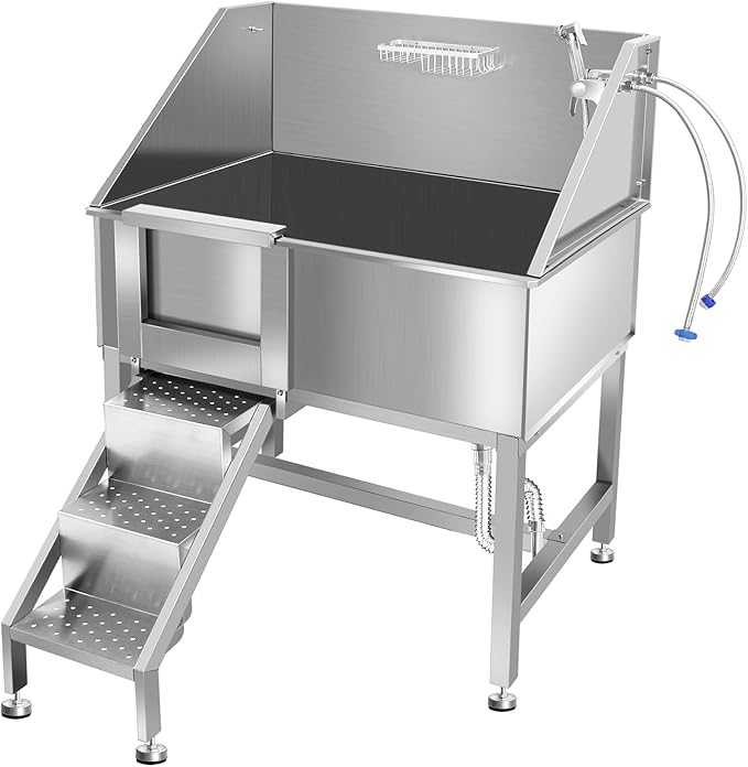 38" Dog Washing Station, Professional Stainless Steel Dog Bathing Station, Equipped with Anti-Slip Ramp, Removable Door, Upgraded Spray Nozzle&Hose - Ideal for Home, Pet Grooming Salon,L-RAMP