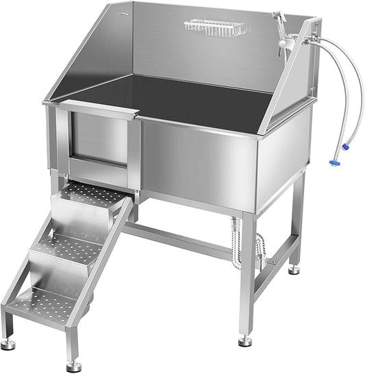 38" Dog Washing Station, Professional Stainless Steel Dog Bathing Station, Equipped with Anti-Slip Ramp, Removable Door, Upgraded Spray Nozzle&Hose - Ideal for Home, Pet Grooming Salon,L-RAMP