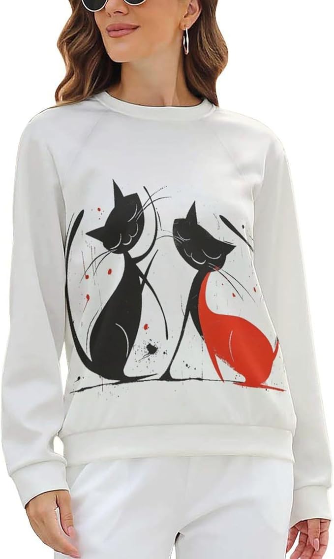 Biacolum Long Sleeve Shirts for Women Mid Century Retro Style Atomic Cat 3D Graphic Sweatshirts Fall Crewneck Pullover Top