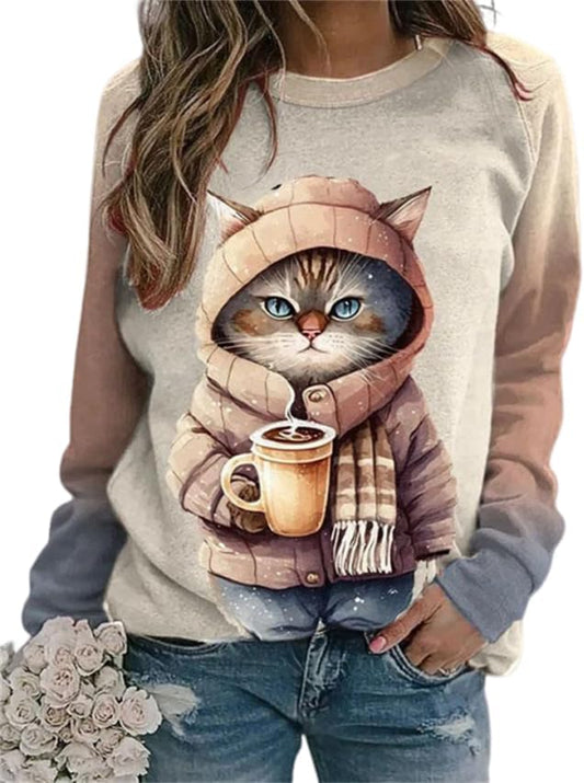 IVERIRMIN Women's 3D Cute Cat Print Sweatshirt Casual Long Sleeve Crewneck Cute Cat Pullover Loose Fit Shirts