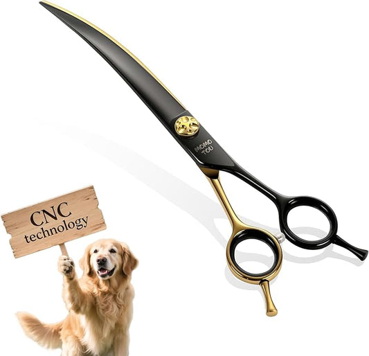 7'' Curved Dog Grooming Scissors CNC 440C Blades Sharp and Durable Dog Shears Black and Gold Pet Scissors Smooth Cutting Easy to Use for Professional Groomer