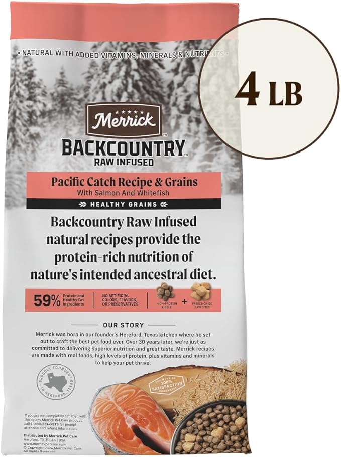 Merrick Backcountry Healthy Grains Premium Dog Food Kibble with Freeze Dried Raw Pieces, Pacific Catch Recipe - 4.0 lb. Bag