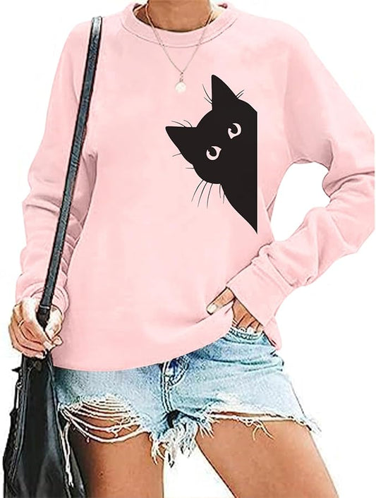 Cat Sweatshirts for Women Graphic Print Sweatshirt Funny Long Sleeve Shirt Cute Pullover Lightweight Hoodie Tops