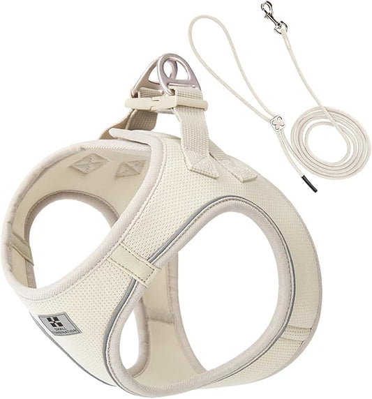 Adjustable Dog Harness with Leash, Reflective Mesh, No-Pull Design，Matching Lead Rope (Cream-Coloured, M)