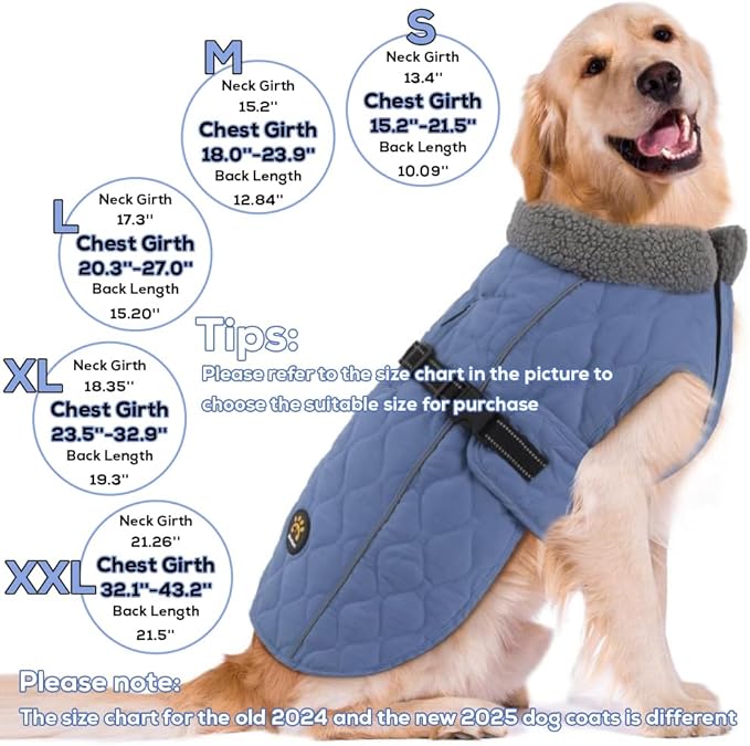 Dog Winter Jackets, Furry Collar Warm Coats for Dogs with Fleece Lining, Reflective Cold Weather Doggie Jackets with Leash Hole and Buckle, Windproof Pet Coats for Large Dogs, Blue L