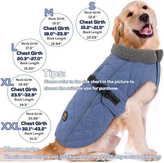 Dog Winter Jackets, Furry Collar Warm Coats for Dogs with Fleece Lining, Reflective Cold Weather Doggie Jackets with Leash Hole and Buckle, Windproof Pet Coats for Large Dogs, Blue L