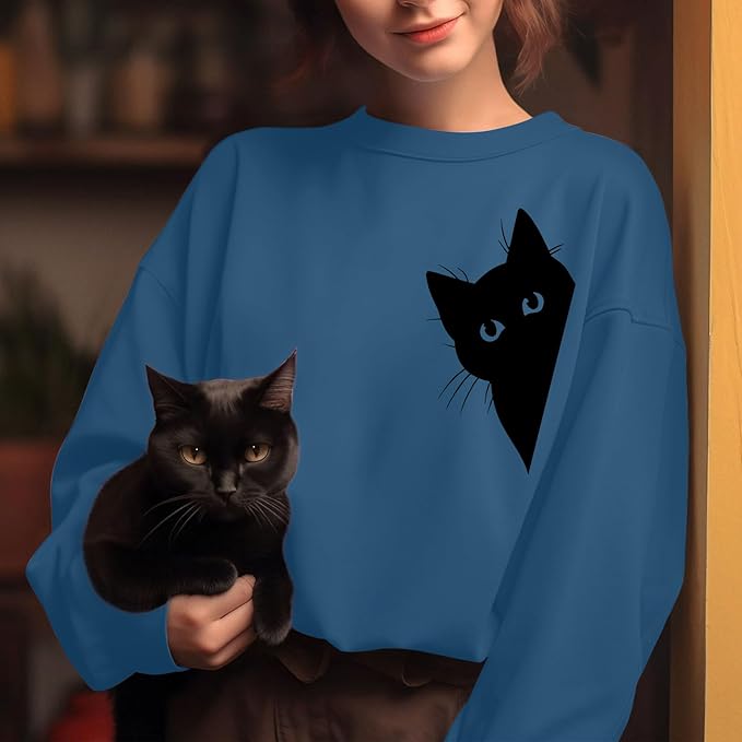Cat Sweatshirts for Women Graphic Print Sweatshirt Funny Long Sleeve Shirt Cute Pullover Lightweight Hoodie Tops