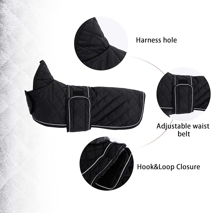 Geyecete Warm Thermal Quilted Dachshund Coat, Dog Winter Coat with Warm Fleece Lining, Outdoor Dog Apparel with Adjustable Bands for Medium, Large Dog-Black-XS