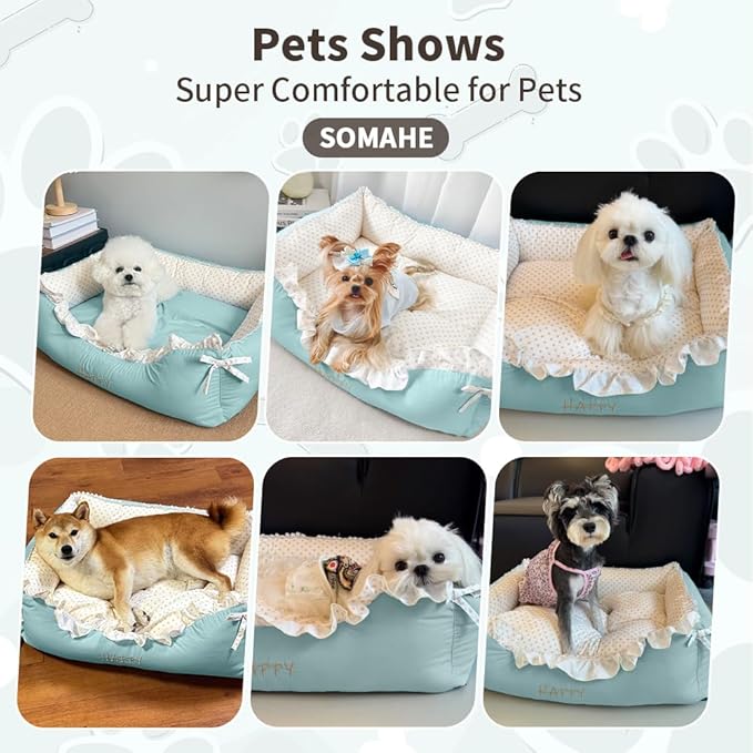 Cat Bed Rectangle Pet Bed Gift for Puppy and Kitten Machine Washable Calming Fluffy Pet Couch Sofa for Indoor Outdoor Portable Soft Cat Beds with Non-Slip Bottom 24×18×9inch Green