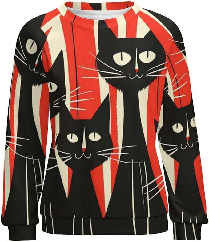 Biacolum Long Sleeve Shirts for Women Mid Century Retro Style Atomic Cat 3D Graphic Sweatshirts Fall Crewneck Pullover Top