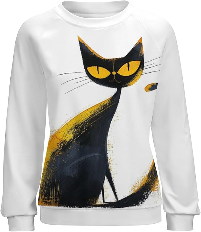 Biacolum Long Sleeve Shirts for Women Mid Century Retro Style Atomic Cat 3D Graphic Sweatshirts Fall Crewneck Pullover Top