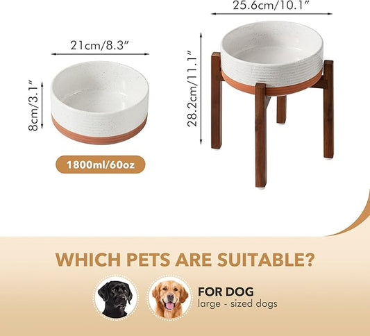 Ceramic 8.2inch Raised Dog Bowl Set, Elevated with Acacia Wood Stand, Food and Water Bowl for Large Breed Dogs, Weighted Pet Dishes(60oz, Vanilla White)