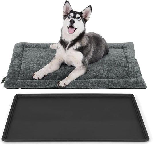 Machine-Washable Dog Bed Pad & Tray for 42-Inch Kennel, Non-Slip Flat Cozy Sleeping Mat & Easy-Clean Plastic Replacement Crate Pan, Comfortable & Durable for Dogs, Rabbits, Cats, Various Pets