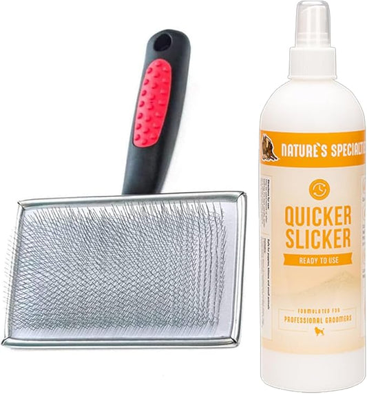 Paw Brothers Grooming Tool and Nature's Specialties Conditioning Spray Bundle - Flat Slicker Brush for Dogs, Medium - Quicker Slicker Detangling and Conditioning Spray, Ready to Use, 16 oz