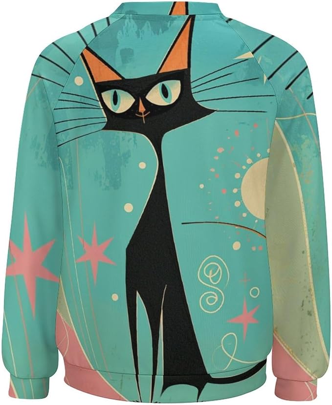 Biacolum Long Sleeve Shirts for Women Mid Century Retro Style Atomic Cat 3D Graphic Sweatshirts Fall Crewneck Pullover Top