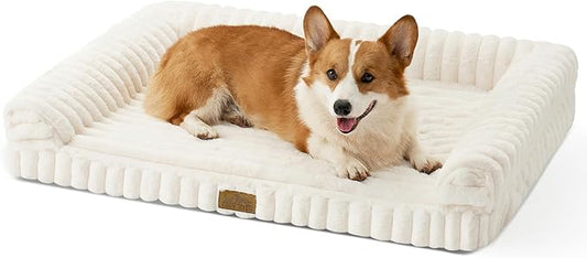 Cute Dog Bed for Medium Dogs, Faux Fur Orthopedic Foam Dog Bed with Sides, Removable Washable Cover & Waterproof Lining, Comfortable Pet Couch, Cream (36" L x 27" W x 6.5" Th)