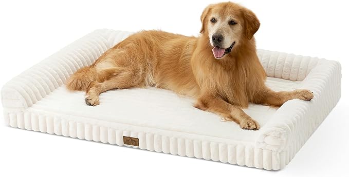 Cute Dog Bed for Extra Large Dogs, Faux Fur Orthopedic Foam Dog Bed with Sides, Removable Washable Cover & Waterproof Lining, Comfortable Pet Couch, Cream (48" L x 35" W x 7.5" Th)