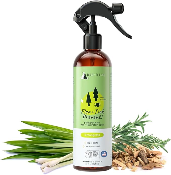 kin+kind Plant Based Flea and Tick Spray for Dogs and Cats – Essential Oil Formula with Lemongrass – Flea and Tick Prevention for Cats, Kittens, Puppies & Dogs - Pet Supplies - Family Safe – 12 fl oz