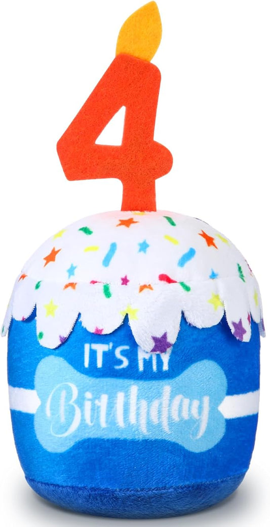 Dog Birthday Cake Toy Accessories for Girl Boy Gifts, Squeaky Plush Toy for Dog Birthday Party Decor Favor for Large, Medium and Small Dogs(4th,Blue)