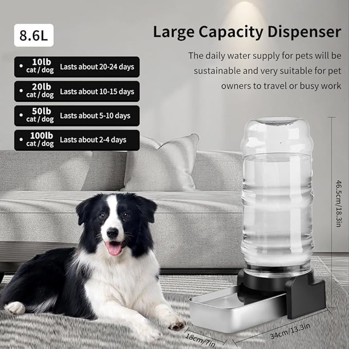 Marchul 2.3 Gallon Dog Water Dispenser, Large Dog Water Dispenser with Placemat and Stainless Steel Bowl, Automatic Gravity Pet Bowl for Dogs Medium to Large (3 Filters) 8.6L
