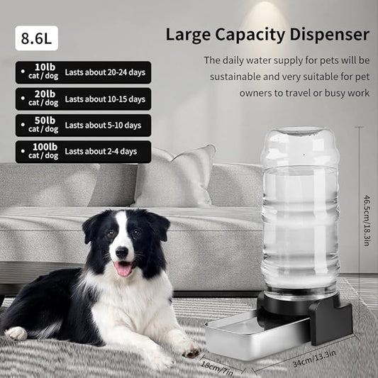 Marchul 2.3 Gallon Dog Water Dispenser, Large Dog Water Dispenser with Placemat and Stainless Steel Bowl, Automatic Gravity Pet Bowl for Dogs Medium to Large (3 Filters) 8.6L