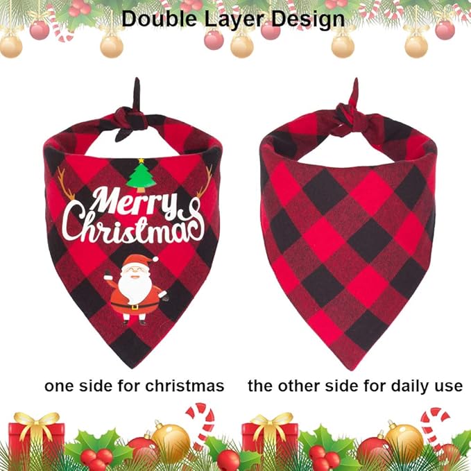 ADOGGYGO 2 Pack Dog Bandana Christmas Classic Plaid Pet Scarf Triangle Bibs Kerchief Merry Christmas Red Santa Snowman Bandana for Small Dogs Puppy Pets (Small)