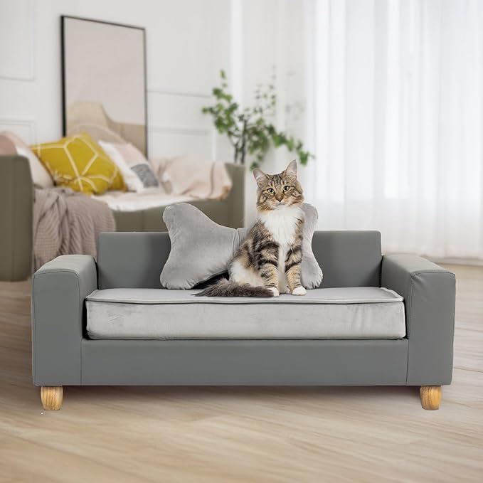 CRITTER SITTERS 43” Faux Leather Ped Bed in Dark Grey, Durable Washable Sofa Couch for Large Cats & Dogs, Must Have Essential Furniture Accessory for Kittens & Puppies