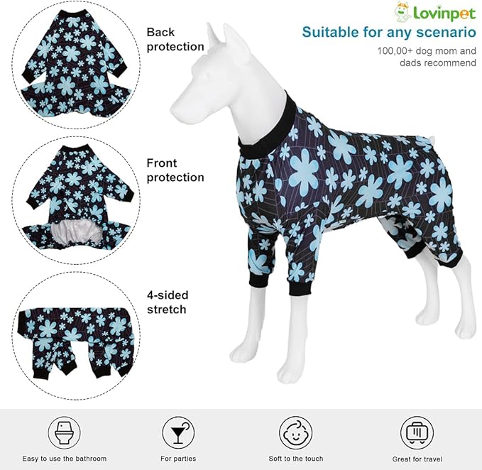 LovinPet Dog Pajamas Medium, Pet Anxiety Relief Shirt, Sun Protection Dog Onesie, Comfy Stretchy Fabric, Sage Print, Big Dog Surgery Recovery PJ's, Girl or Boy Dog Party Apparel,Black 3XL