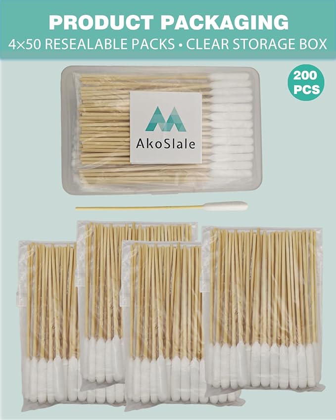 Dog Ear Swabs, 200 Count – 6 Inch Long Bamboo Cotton Swabs with Large Lint Free Absorbent Tips for Pet Ear Cleaning & Wax Removal, Pairs Well with Ear Cleaning Solutions, Clear Storage Box