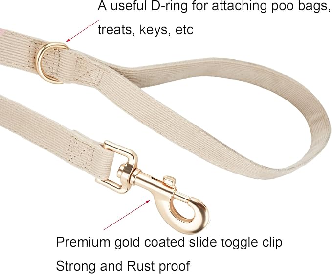 Soft Corduroy Dog Collar and Leash Set Adjustable Durable Wedding Dog Collars with Metal Buckle and Lead for Large Dogs,Beige