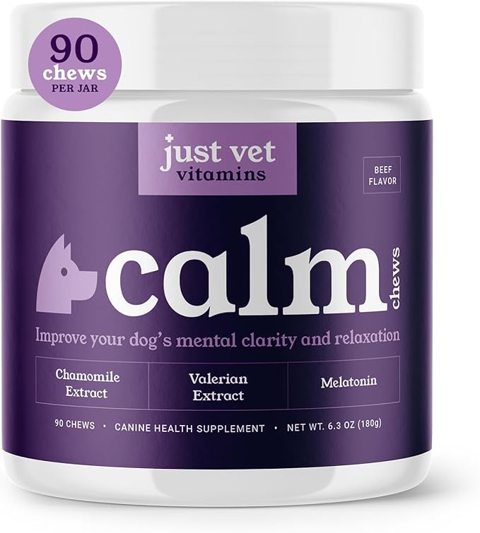 Calm Chews for Dogs with Chamomile, Valerian, Melatonin, Passionflower, Hemp Oil, and Magnesium – Supports Relaxation, Stress Relief, and Restful Sleep – 90 Soft Chews