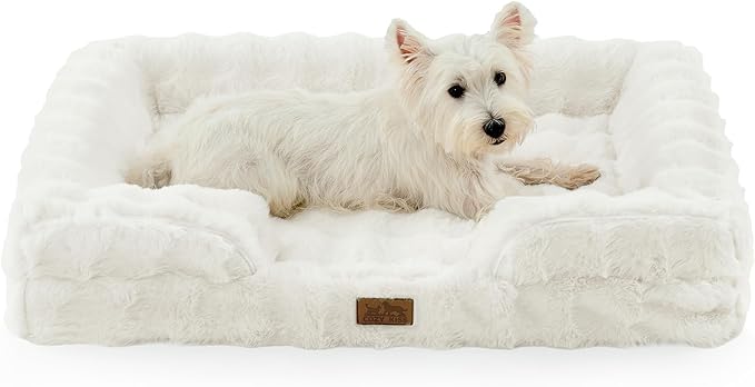 Orthopedic Dog Bed for Large Medium Size Dog, Faux Fur Pet Sofa, Foam Bolster Couch with Waterproof Lining Cover, Anti-Slip, Soft, Warm, Washable, C-Shaped, L 36x27x6.5 inch, Beige