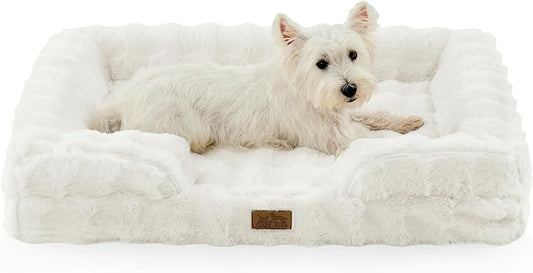 Orthopedic Dog Bed for Large Medium Size Dog, Faux Fur Pet Sofa, Foam Bolster Couch with Waterproof Lining Cover, Anti-Slip, Soft, Warm, Washable, C-Shaped, L 36x27x6.5 inch, Beige