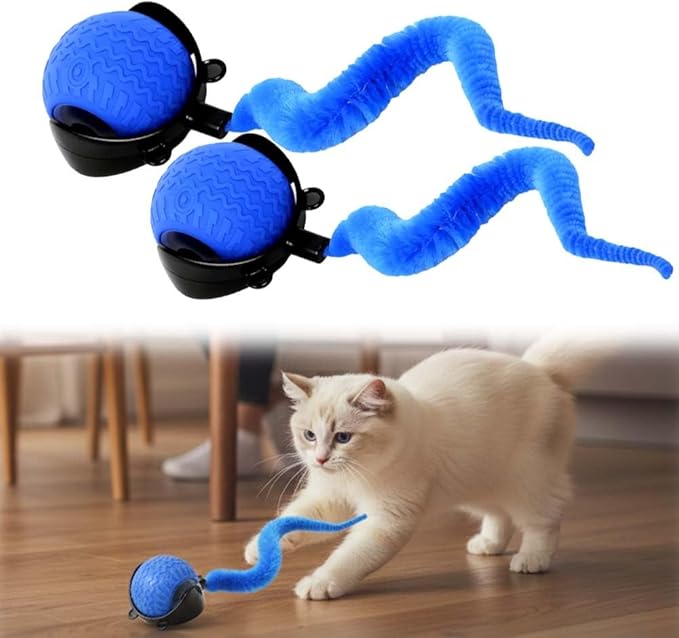 Cat Toys for Indoor Cats, 2025 New Interactive Cat Toy Ball, Automatic Moving Cat Toy for Indoor Use, Rechargeable Feather Tail Cat Toy with Stimulation for Small Medium Large Cats (2 * Blue)