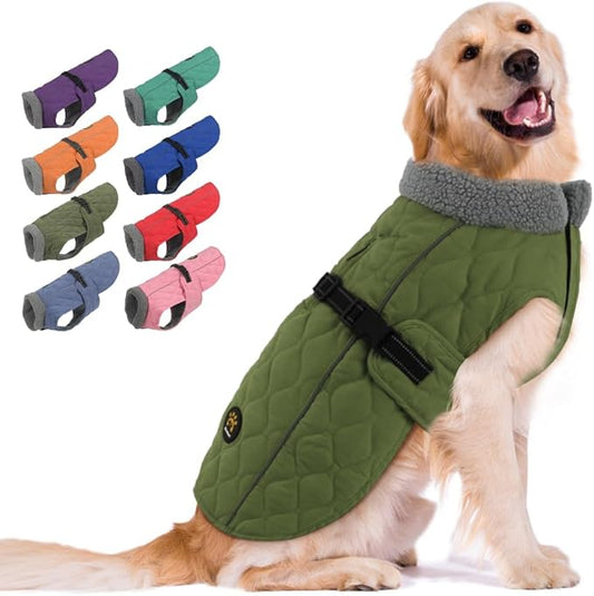 Dog Jackets, Furry Collar Winter Coats for Dogs with Fleece Lining, Water Resistant Reflective Winter Dog Jackets, Adjustable Warm Windproof Pet Coats for Large Dogs, Green L