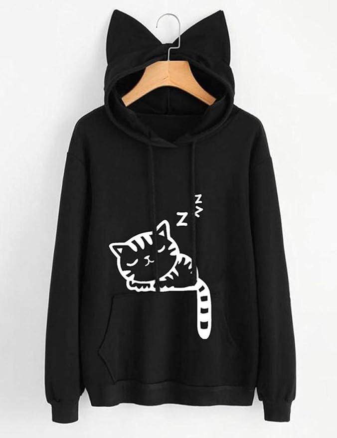 Women Girl Hoodies Cute Cat Ear Novelty Printed Pullover Sweatshirt