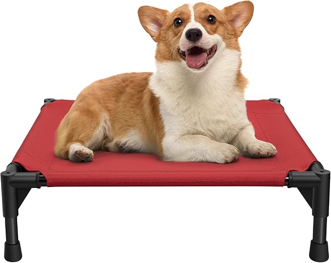 Love&go Elevated Dog Bed with Metal Frame, Cooling Raised Pet Cot for Dog and Cat (S - Red Bed, Small-18.5x18.5x5.5 inch)
