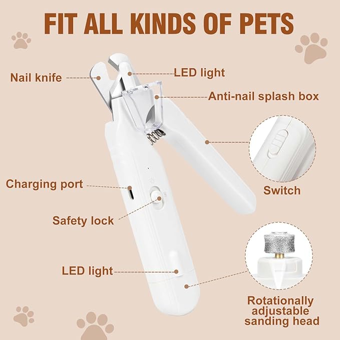 2-in-1 Dog Nail Grinder & Dog Nail Clippers- Gentle Drill Trimmer with Led Light for Large Medium Small Dogs Cats Pets Claw(White)