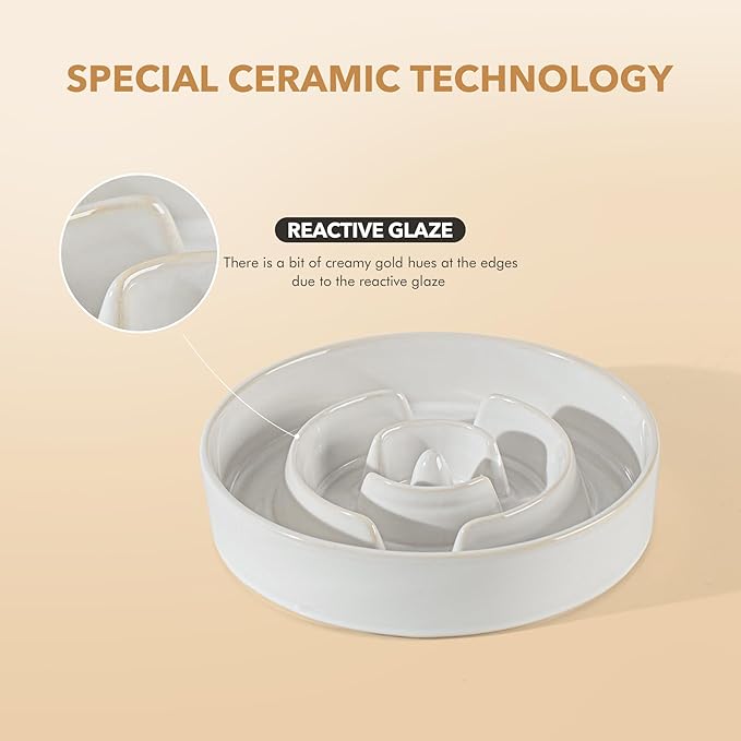 Ceramic Raised Slow Feeder Dog Bowl Set, Elevated 8.2inch Bowl and 9.5inch Dish with Acacia Wood Stand for Large Dog, Stop Bloat(2 x Reactived Glaze -White+ Stand)