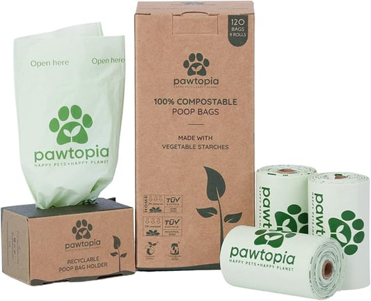 Pawtria Certified Home Compostable Dog Poop Bags (120) + Paper Dispenser, Biodegradable Poop Bags, Cat Litter, Vegetable Starches, Leak proof Dog Waste Bags, Easy to Open, Extra Thick