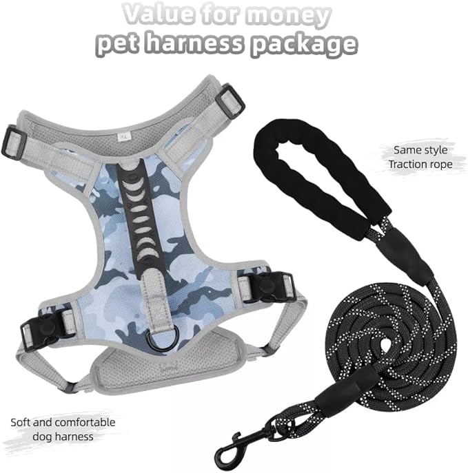Dog Harness No Pull Adjustable Reflective,for Medium and Large Small Dog with Leash 59.06in (Camouflage, S)