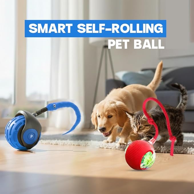 KBLZONE Interactive Cat Ball Toy – Smart Rolling Pet Ball with Obstacle Avoidance, USB Rechargeable, Cord Tail Design – Fun Enrichment Toy for Indoor Cats & Small Dogs (Blue + Red)