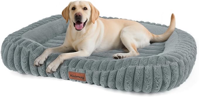 Dog Bed Large Size Dogs Washable Soft Furry Pet Bed, Calming Rectangle Large Dog Bed with Removable Cover & Anti-Slip Bottom, Orthopedic Anti-Anxiety Pet Bed with Handle, 35x27x5 Inches, Grey