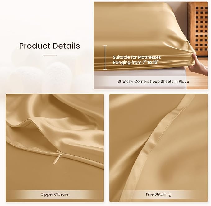 THXSILK Silk Sheet Set 5Pcs, 6A+ Top Grade 100% Pure Mulberry Silk Bed Sheets, Ultra Soft Durable Luxury Bedding Sets, 2 Fitted Sheet, 1 Flat Sheet and 2 Pillowcases (Split King, Metallic Gold)