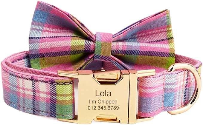 Custom Dog Collar with Names and Phone Number Engraved, Puppy Tags Personalized for Small Medium Large Pets (Colorful Plaid, L)