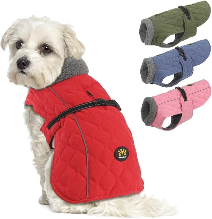 Winter Dog Coats, Warm Fleece Doggie Coat for Small, Medium and Large Dogs, Adjustable Dog Jacket Winter with Nylon Buckle, Reflective Safety Cold Weather Coats for Dogs, Red M