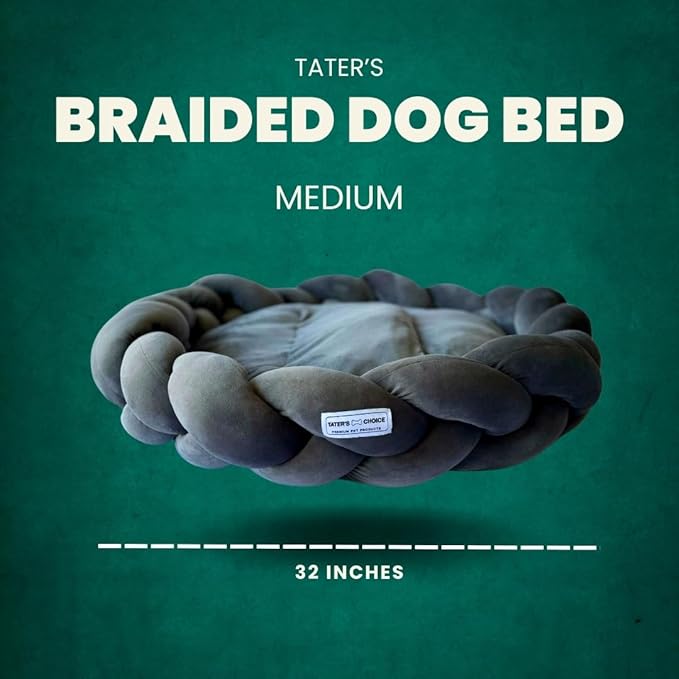 Tater's Choice 32" Dog Bed - Premium Braided Dog Bed - Luxurious and Durable Pet Beds with Plush Polyester Filling, Non-Slip Base, and Stylish Design, Washable Mattress, Charcoal Grey, 32 inch, Medium