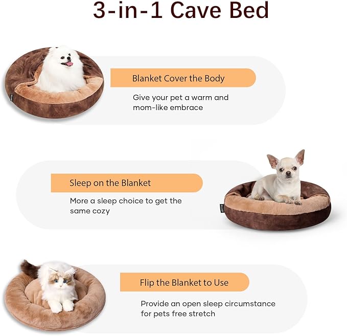 Cozy Soft Dog Bed with Hooded Blanket Warm Calming Cat Cave for Small Medium Dogs and Cats, Non-Slip Bottom & Machine Washable Pet Beds, Chocolate Brown 26x26x7″